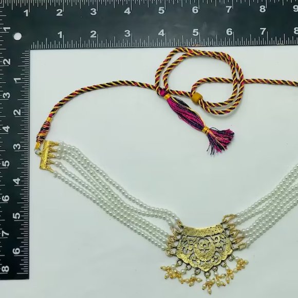 Pearls Beaded Chain Necklace With Big Golden Metal Motif, Handmade Beaded - Picture 11 of 12